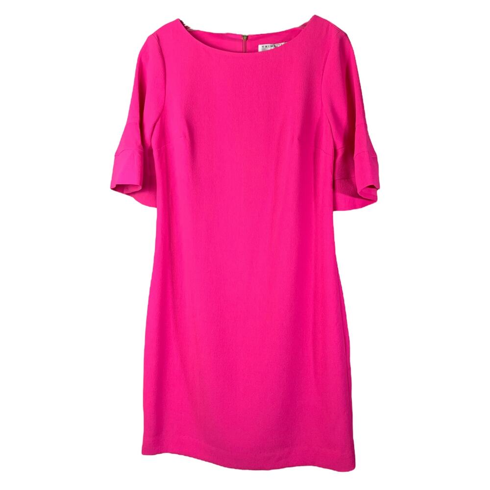 Trina Turk Shift Dress Womens Sz 2 Bright Pink Bell Sleeves Back Zip Satin Lined